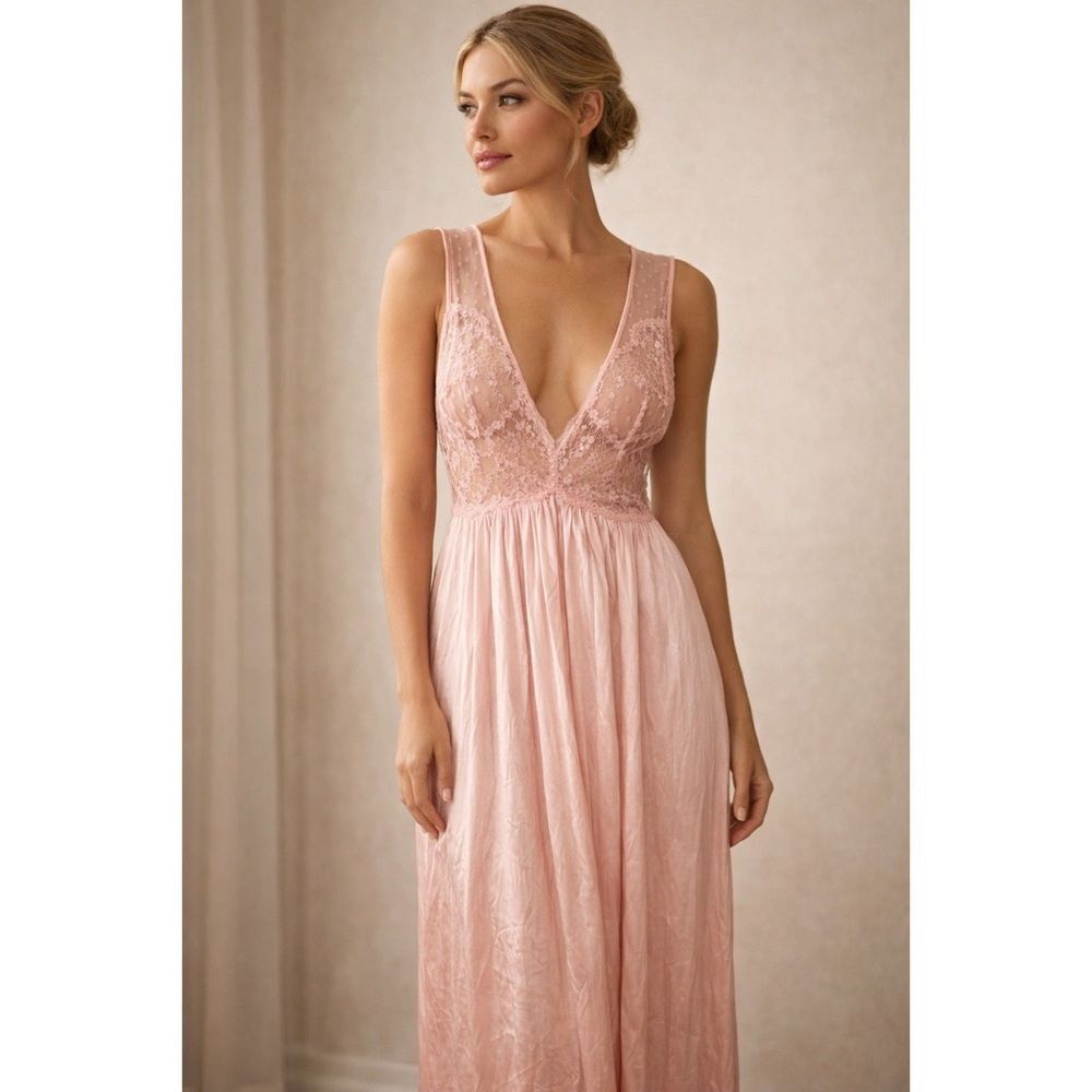 Vintage Lilly of France Pink Lace Sheer Bodice Nightgown Long Lingerie Medium